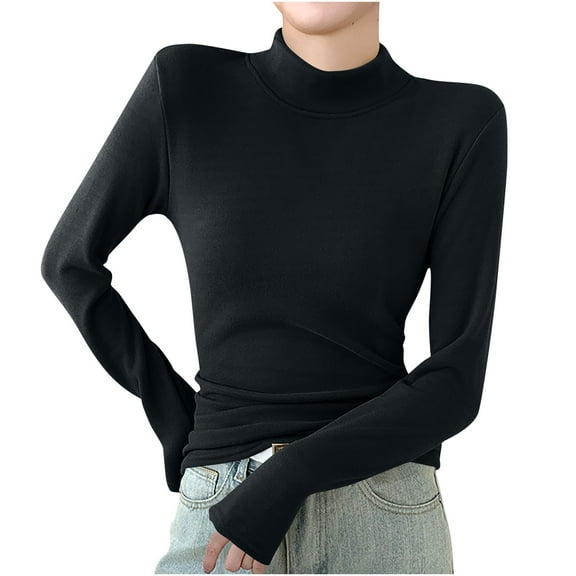 Womens Summer Tops Solid Color Pullover Half High Neck Casual Base Crew-neck Black Blouse Tees M-2XL