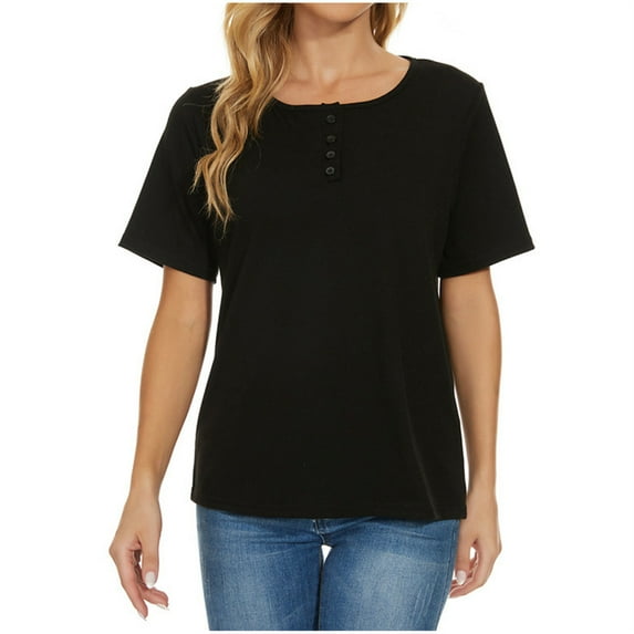 Womens Summer Tops Solid Color Round Neck Buttons Short Sleeve Tee Tops Casual T-Shirt for Women Vacation Tunic Tops