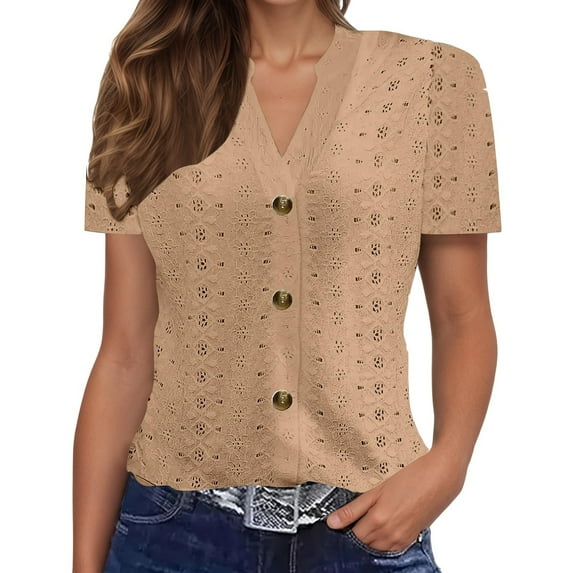 Womens Summer Tops Solid Color V-Neck Button Print Short Sleeve Plus Size Womens Clothing,Khaki,L