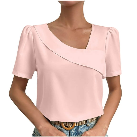 Womens Summer Tops Solid Color V Neck Dressy Casual Work Office T Shirts Loose Short Sleeve Basic Tunics Blouses