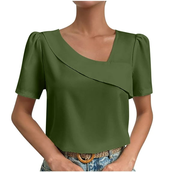 Womens Summer Tops Solid Color V Neck Dressy Casual Work Office T Shirts Loose Short Sleeve Basic Tunics Blouses