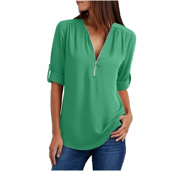 Womens Summer Tops Solid Color Zip V-Neck Rollable Long Sleeve Shirt Tops Casual T-Shirt for Women Vacation Tunic Tops