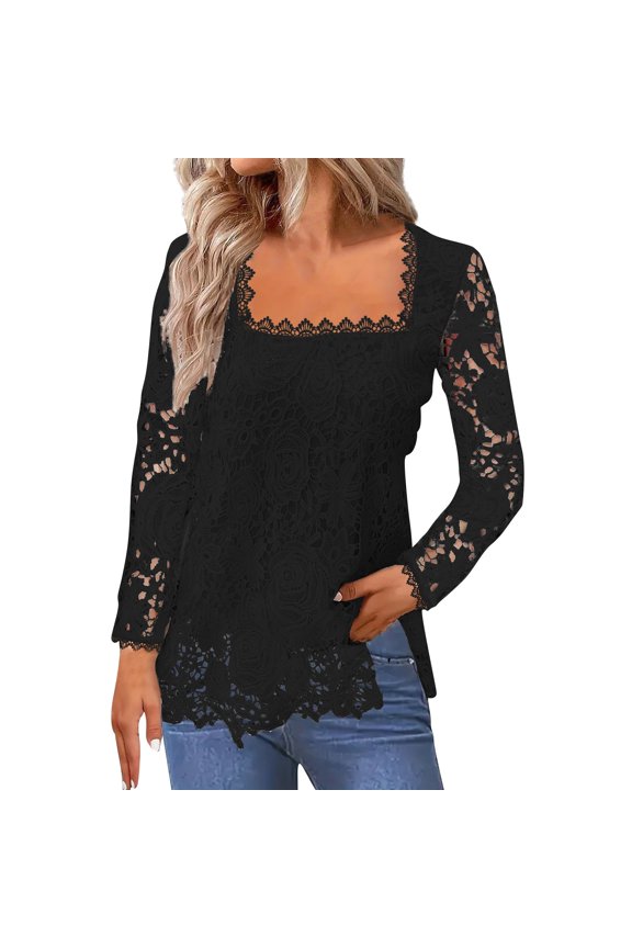Womens Summer Tops, Solid Sheer Floral Lace Top Square Neck Long Sleeves Embroidered Retro Boho Tops White Turtle Necks For Women Heart Sweatshirt Goth Clothes Tops Bra Tank (L, Black) ZMTing