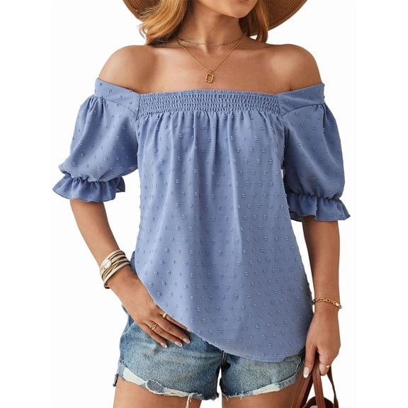 Womens Summer Tops Square Neck Dressy Casual Dots Ruffle Trim Sleeve Cute T Shirts Trendy Clothes Blue S