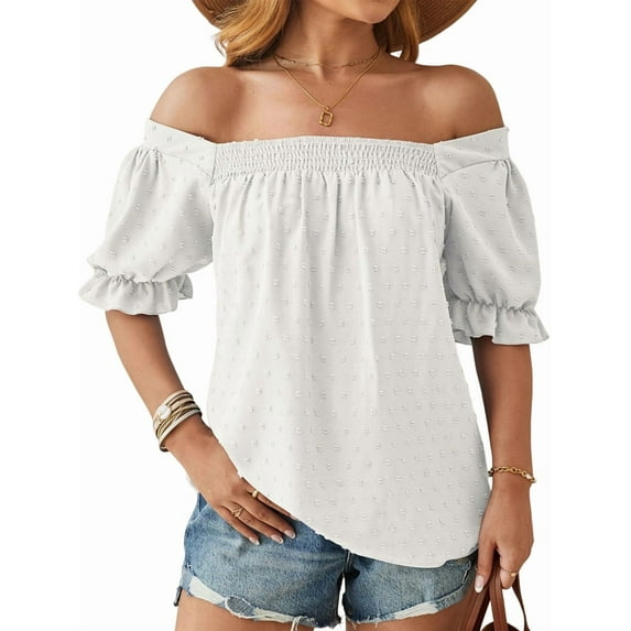Womens Summer Tops Square Neck Dressy Casual Dots Ruffle Trim Sleeve Cute T Shirts Trendy Clothes White S