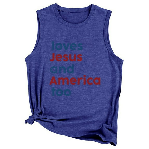 Womens Summer Tops Summer and America Too Lettering Printed Round Neck Sleeveless Tank Top T Shirts for Women Dark Blue