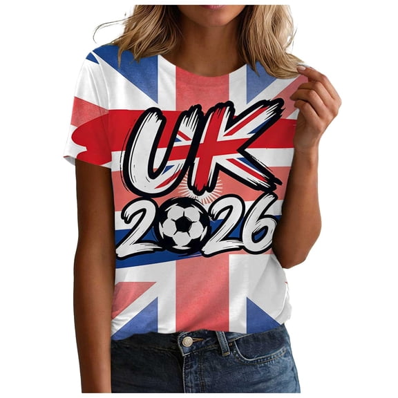 Womens Summer Tops T Shirts British Printed Short Sleeve Crew Neck Boho Shirts