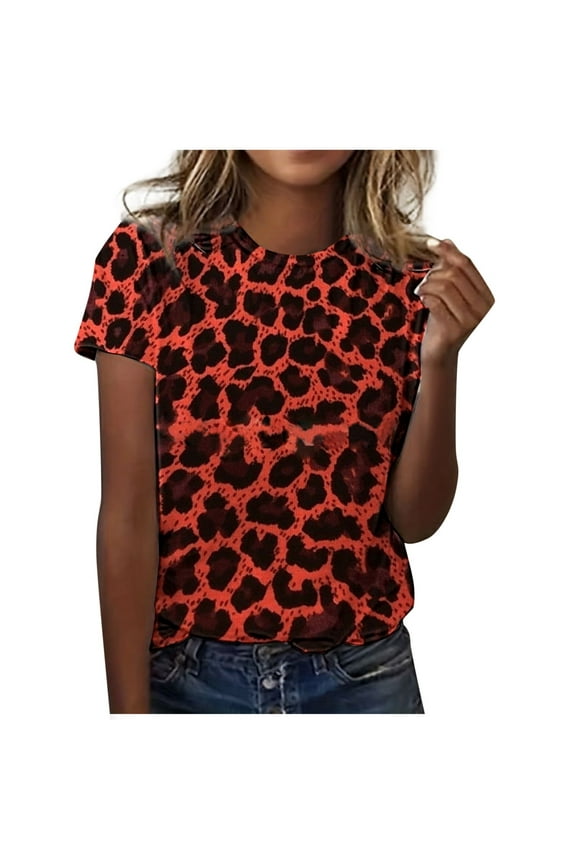 Womens Summer Tops T Shirts Classic Versatile Daily Short Sleeved Solid Stripe Leopard Camo Color Block Round Neck Boho Shirts