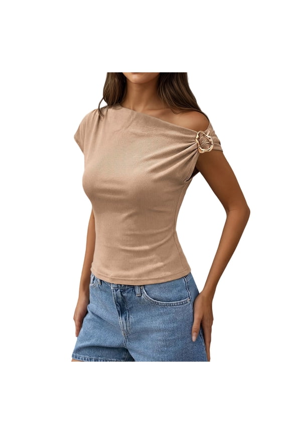 Womens Summer Tops T Shirts Fashion Ribbed Slim Fit Asymmetric Off Shoulder Basic Blouse Tees