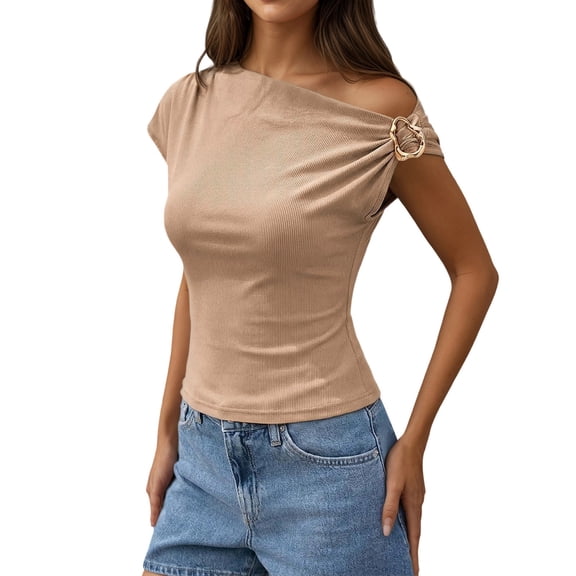 Womens Summer Tops T Shirts Fashion Ribbed Slim Fit Asymmetric Off Shoulder Basic Blouse Tees