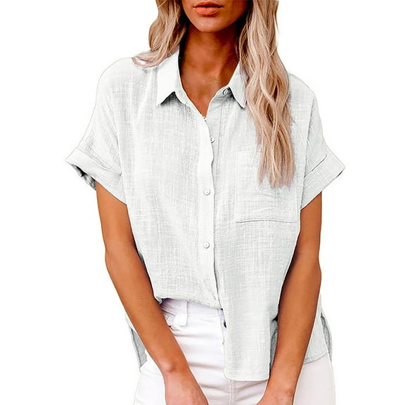 Womens Summer Tops T Shirts Fashion Solid Linen Loose Short Sleeve Button Business Casual Clothing,White,2XL