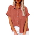 thumbnail image 1 of Womens Summer Tops T Shirts Fashion Solid Linen Loose Short Sleeve Button Dressy,RD2,4XL, 1 of 5