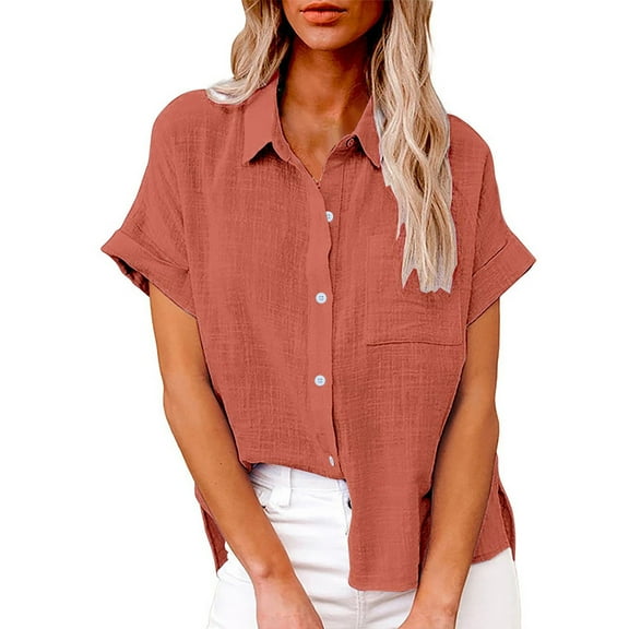 Womens Summer Tops T Shirts Fashion Solid Linen Loose Short Sleeve Button Dressy,RD2,4XL