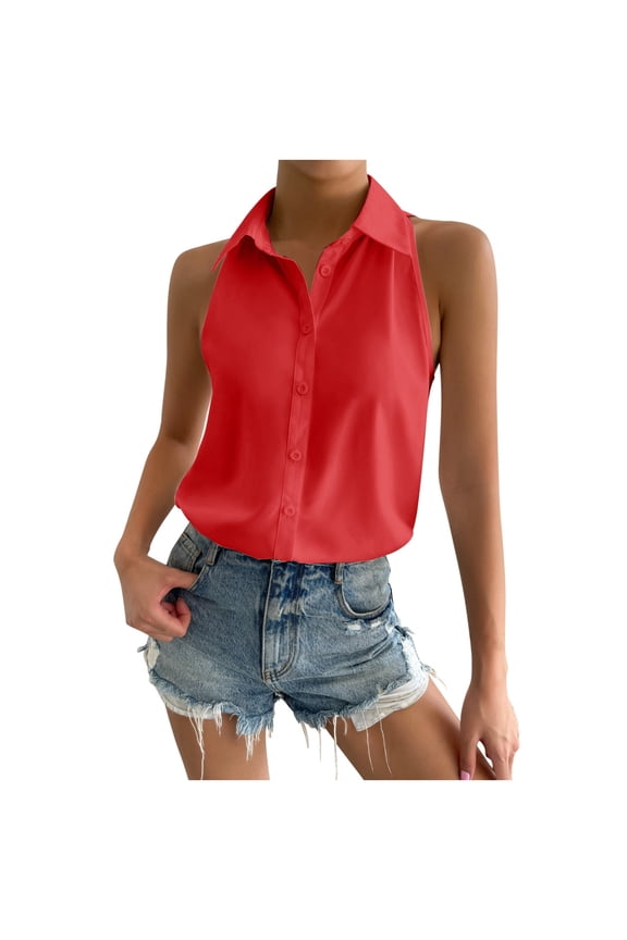 Womens Summer Tops T Shirts Sleeveless Button Down Solid Loose V Neck Tank Work Summer Tops,Red,3XL