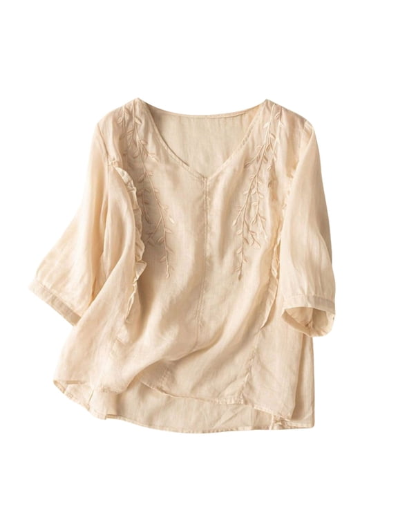 Womens Summer Tops T Shirts Solid Color Cotton Linen Vintage Embroidery Clothing Loose Thin National Boho Shirts