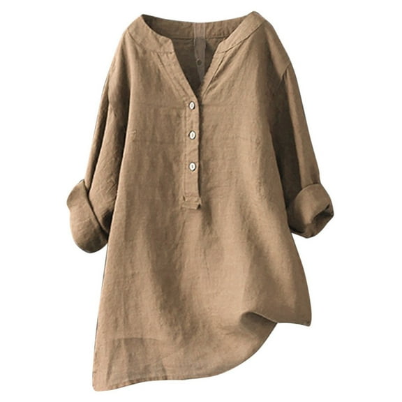 Womens Summer Tops T Shirts Solid Color Stand Up Collar Button Long Sleeved Womens Work Tops,Khaki,2XL
