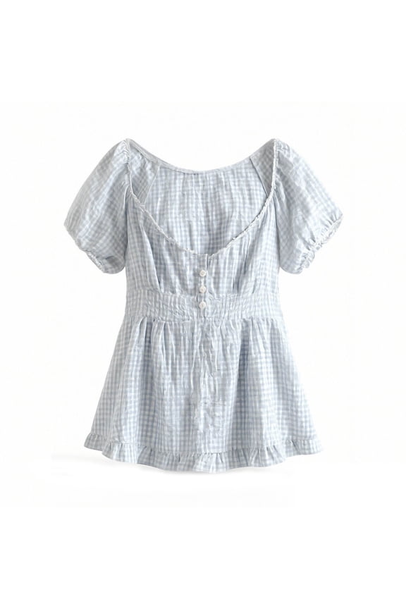 Womens Summer Tops T Shirts Sweetheart Neck Flutter Sleeve Blouse With Three Buttons Ruffle Trim Casual Feminine Boho Shirts