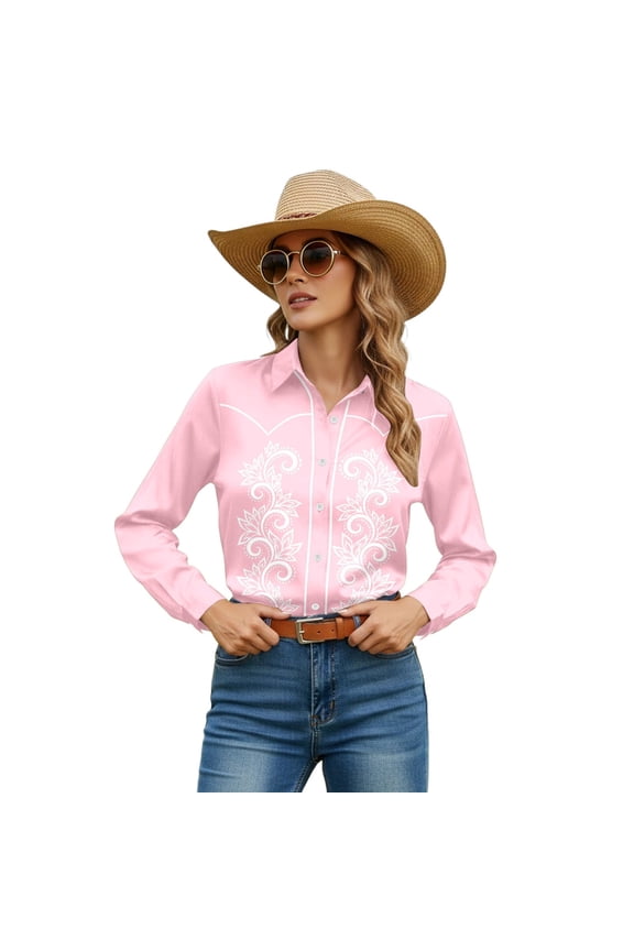 Womens Summer Tops T Shirts Western Floral Print Long Sleeve Blouse Contrast Snap Button Closure Tees