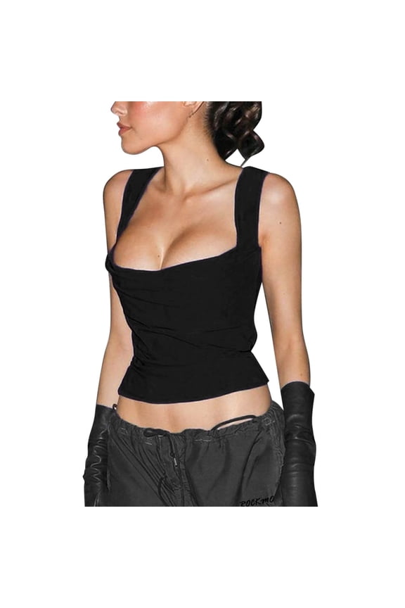 Womens Summer Tops And Top Women 2xl Tops Crop Bathing Suit Tops for Women Baggy Top Lacy Flare Ripped Fitted Too Sleep Casual Solid Sleeveless Shirt Vest Square Collar Black S