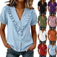 thumbnail image 1 of Womens Summer Tops Top for Women Dressy Casual Women's Summer Solid Color V-Neck Pleated Button Collar Puff Sleeve Top T-Shirt White M, 1 of 8