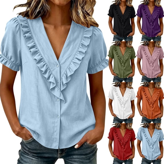 Womens Summer Tops Top for Women Dressy Casual Women's Summer Solid Color V-Neck Pleated Button Collar Puff Sleeve Top T-Shirt White M