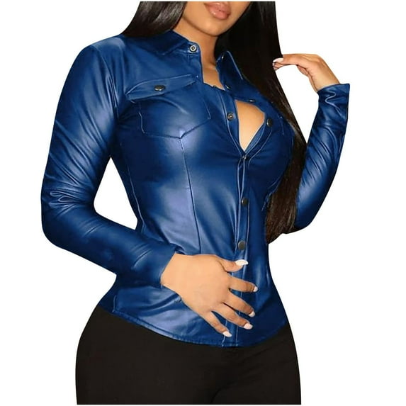Womens Summer Tops, Tops for Women Trendy, Trendy Leather Jacket Stylish PU Snap Button Down Shirt Shacket Long Sleeve Motorcycle Fashion Tops for Women