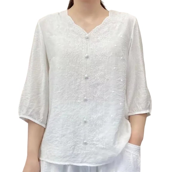 Womens Summer Tops, Tops for Women Trendy, Trendy Women's Casual Embroidery Button-Up Shirt Stylish V-Neck 3/4 Sleeve Blouse Comfortable Fit Loose Top for Daily Wear