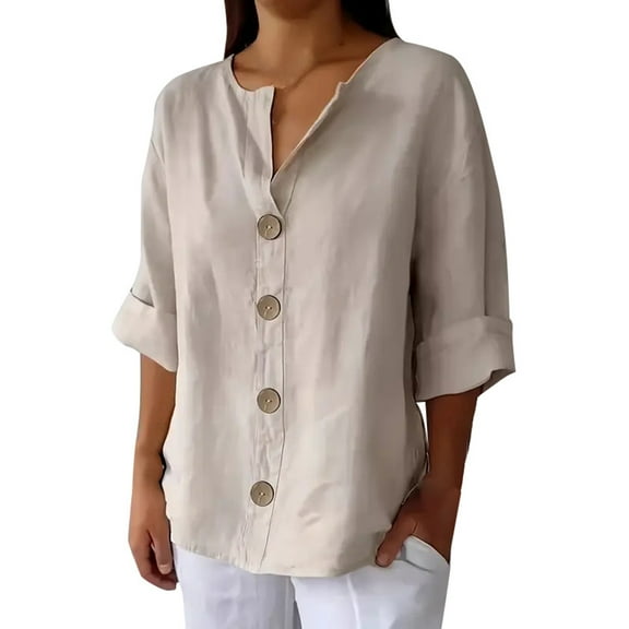Womens Summer Tops, Tops for Women Trendy, Women's Button Down Linen Shirt V Neck Solid Blouse for Casual Summer Wear with 3/4 Sleeves and Loose Fit Tunic Design