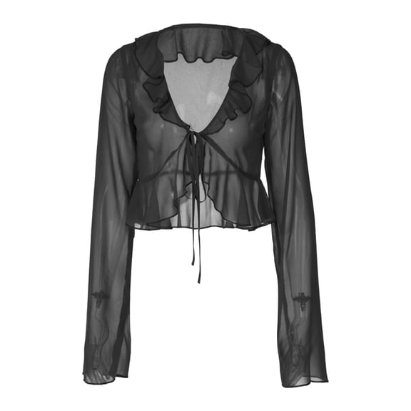 Womens Summer Tops, Tops for Women Trendy, Women Blouses Lace-Up Deep V Neck Long Sleeve Sheer Top Stylish Summer Shirt for Casual Wear