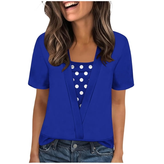 Womens Summer Tops Trendy 2 in 1 Blouses Short Sleeve Shirts Casual T Shirts Beach Vacation Clothes (L, Blue)