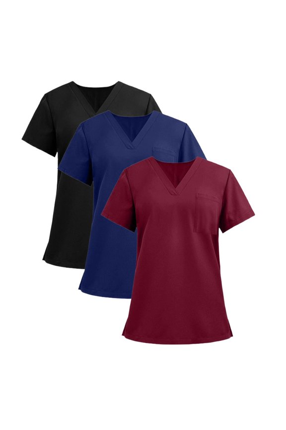 Scrubs For Women Tops, 3Pc Women'S Scrubs V Neck Short Sleeve Plus Size Overalls With Pockets Work Tops 4Th Of July Tank Tops Under Scrub Shirts Long Shirts Outfit Tank (3XL, Wine) ZMTing