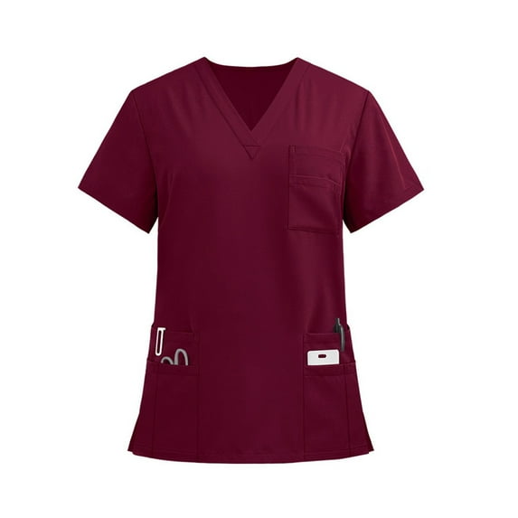 Womens Scrubs, Ladies' Lightweight Solid Color V Neck Multi Double Layer Pockets Side Slit Short Sleeved T Shirt 4Th Of July Crop Tops For Women Shirt Outfits (S, Deep Red) ZMTing