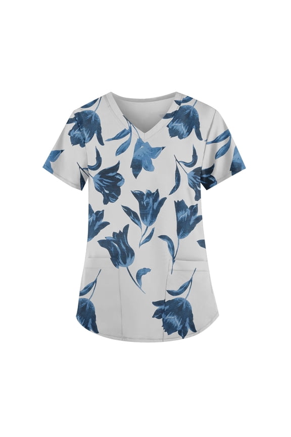 Scrubs For Women Tops, Plus Size Printed Scrub Working Uniform Tops V Neck Short Sleeve Tshirts Workwear Tee With Pockets Flare Pants For Women 4Th Of July Tops Outfits (M, Silver) ZMTing