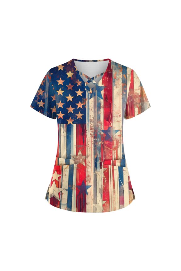 Womens Summer Tops Trendy, Scrubs For Women Tops 5Th Of July Cutout V Neck Short Sleeve Workwear With Pockets Red White And Royal Blue American Flag Top Green Scrubs Shirts (4XL, Vermilion) ZMTing