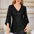 thumbnail image 1 of Womens Summer Tops Trendy Sequin 3/4 Sleeve Glitter Sparkly Party Blouse Casual V Neck Dressy For Evening Party Black M, 1 of 7