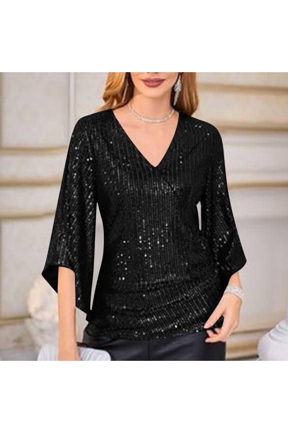 Womens Summer Tops Trendy Sequin 3/4 Sleeve Glitter Sparkly Party Blouse Casual V Neck Dressy For Evening Party Black M
