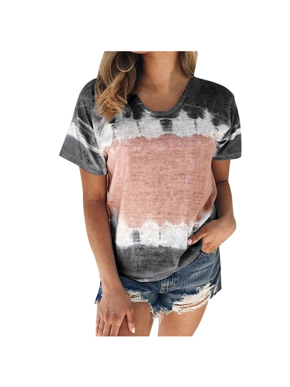 Womens Summer Tops Trendy, Women's Color Block Printed Shirt Crew-Neck T-Shirt Casual Tee Tops V Neck Oversized Tshirts Black 4XL