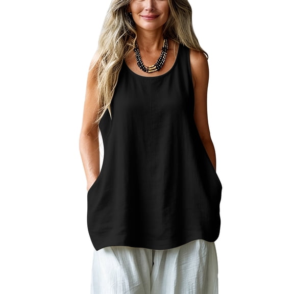 Womens Summer Tops Trendy Women's Spring and Summer Lace Sleeve Round Neck Casual Solid Color Loose Linen Top