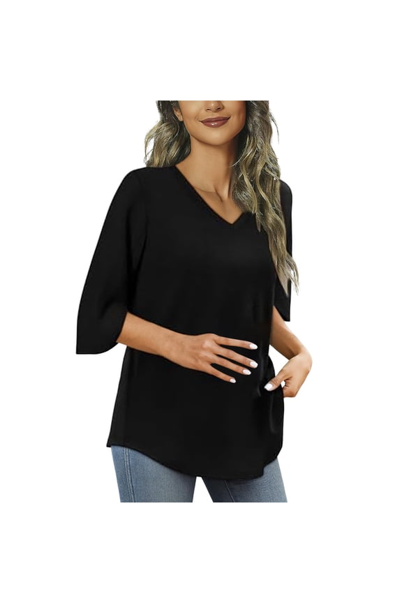 Womens Summer Tops V Neck 3/4 Sleeve Shirts Loose Fit Tunic Top For Leggings Women Running Shirt Long Sleeve Short Sleeve Casual Shirts for Women Womens Medium Shirts Short Sleeve Raglan Shirt Women