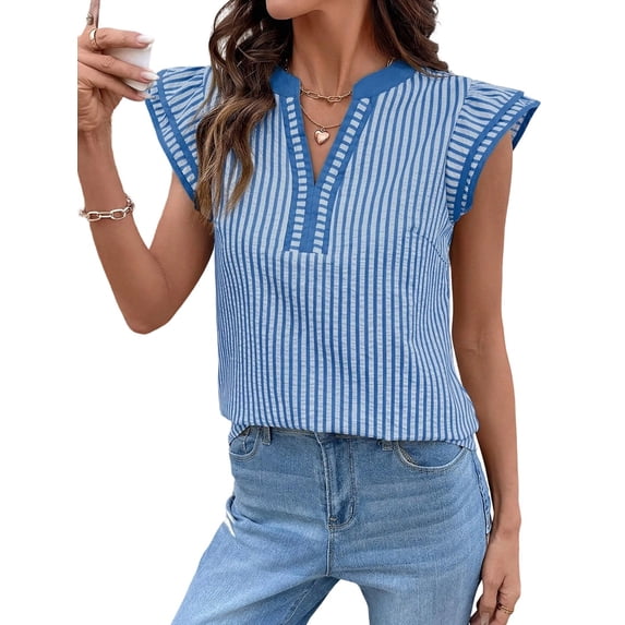 Womens Summer Tops V Neck Casual Cap Short Sleeve Striped T Shirts Loose Boho Blouses Blue XL