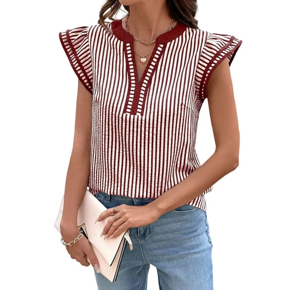 Womens Summer Tops V Neck Casual Cap Short Sleeve Striped T Shirts Loose Boho Blouses Red S