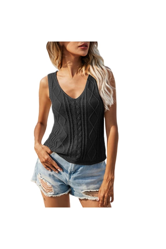 Womens Summer Tops V Neck Knitted Tank Top Cable Knit Sweater Vest Casual Solid Womens Sleeveless Tops