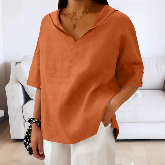 Womens Summer Tops V Neck Lapel Solid Color Cotton Linen Loose Hooded Top T Shirt Short Sleeve T Shirt