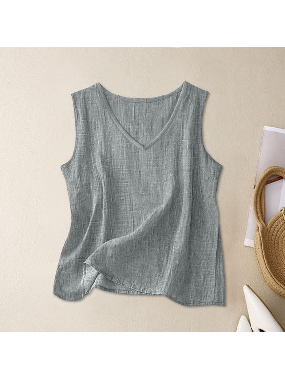 Womens Summer Tops V Neck Linen Sleeveless Tank Tops Crewneck Blouse Layering Tee Work Shirts