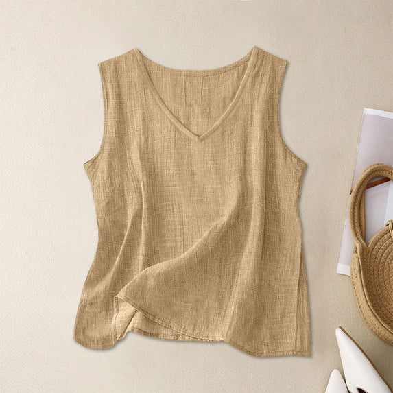 Womens Summer Tops V Neck Linen Sleeveless Tank Tops Crewneck Blouse Layering Tee Work Shirts