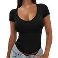thumbnail image 1 of Womens Summer Tops V Neck Ribbed Fitted Tight Short Sleeve Basic Knit Womens Athletic Tops,Black,L, 1 of 7
