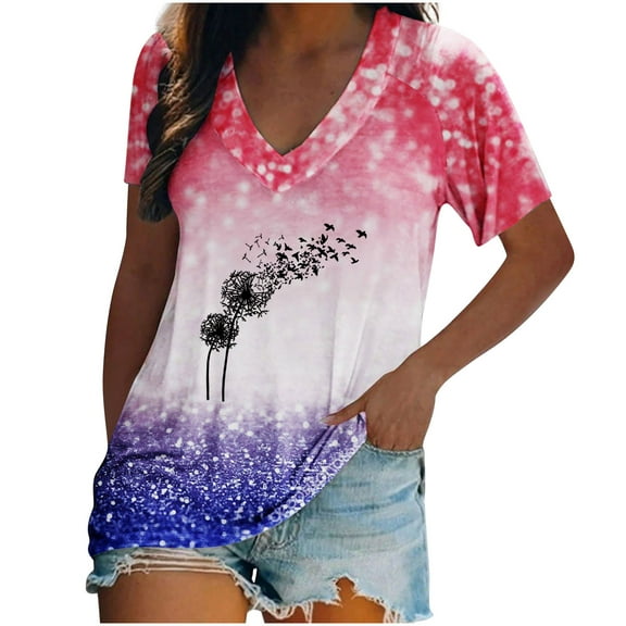 Womens Summer Tops V Neck Short Sleeve Fashion Tie Dye Printed T-Shirt Tops Dressy Casual Loose Workout Tunic Blouses