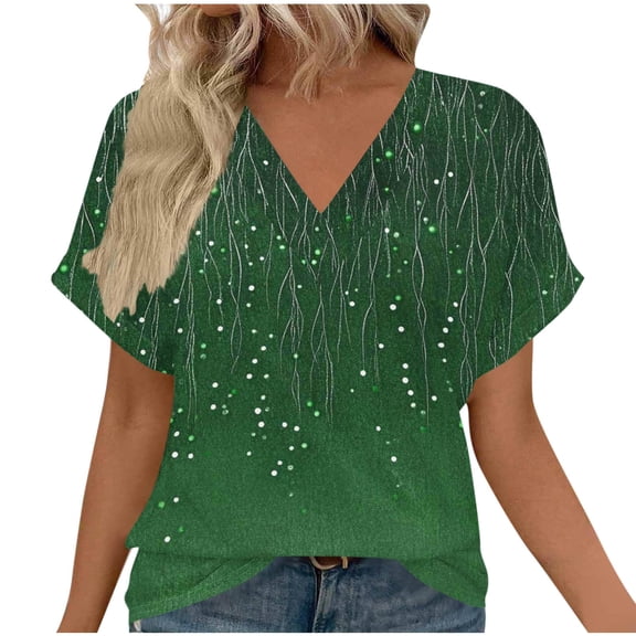Womens Summer Tops V Neck Short Sleeve Shirts Trendy Casual Vacation Printing Tee Shirts