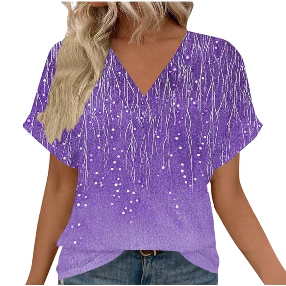 Womens Summer Tops V Neck Short Sleeve Shirts Trendy Casual Vacation Printing Tee Shirts
