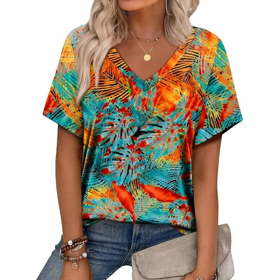 Womens Summer Tops V Neck Short Sleeve Shirts Trendy Dressy Casual Vacation Outfits Printed